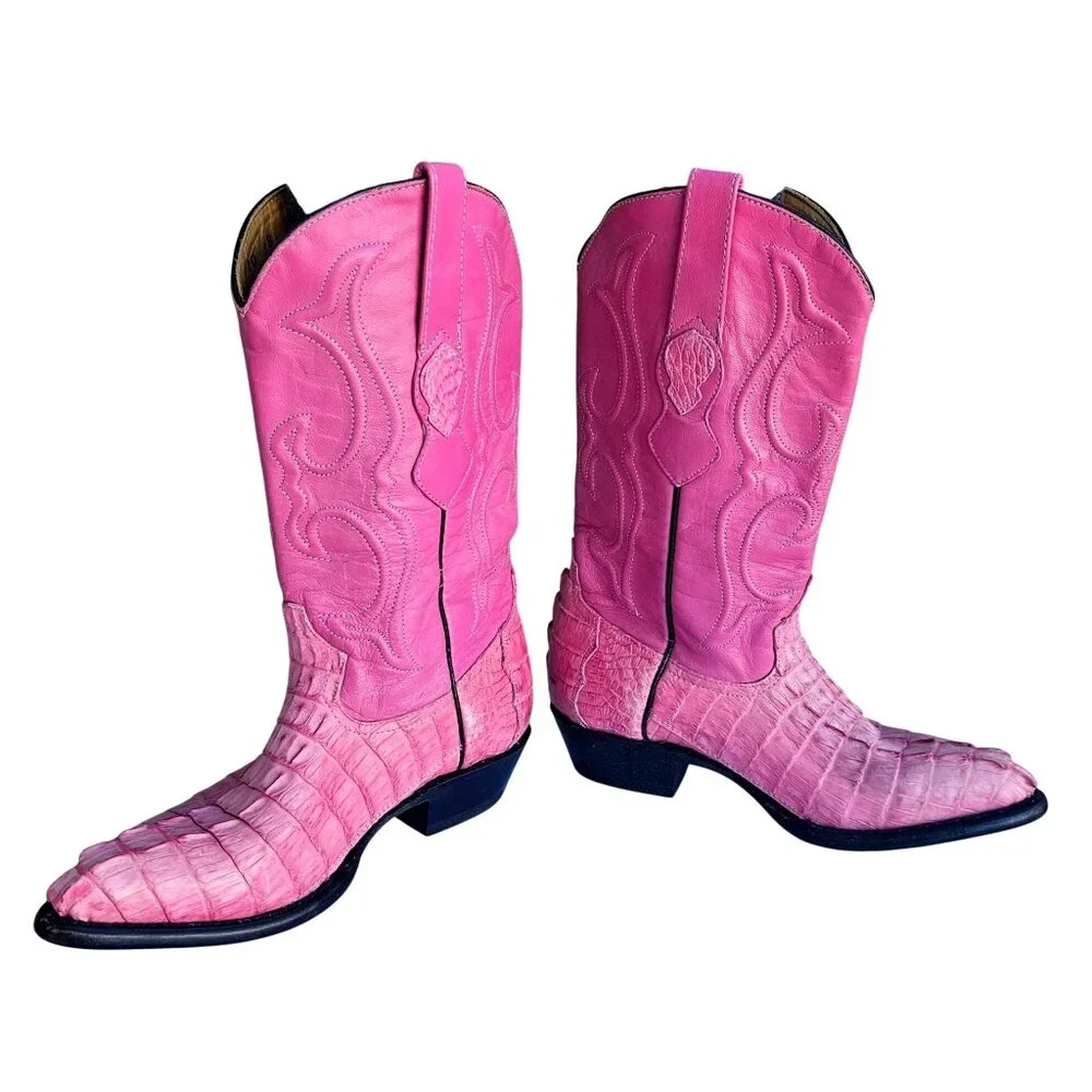 Vintage 90s Los Altos Pink Genuine Crocodile Western Cowboy Boots Women Sz 7 - Picture 4 of 16